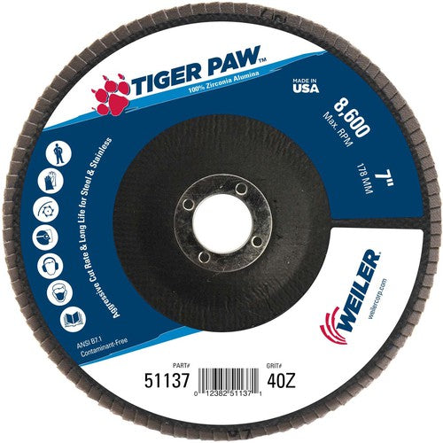 7″ Tiger Paw Abrasive Flap Disc, Flat, Phenolic Backing, 40Z, 7/8″ Arbor Hole - Exact Tooling