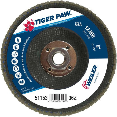 5″ Tiger Paw Abrasive Flap Disc, Flat, Phenolic Backing, 36Z, 5/8″-11 Arbor Hole - Exact Tooling