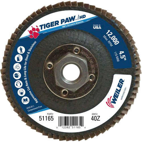 4 1/2″ × 5/8″-11-40 Grit - T27 Tiger Paw High Density Zirc Flap Disc Phenolic Back - Exact Tooling