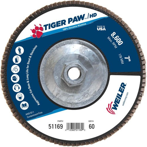 7″ Tiger Paw Super High Density Flap Disc, Flat, Phenolic Backing, 60Z, 5/8″-11 Arbor Hole - Exact Tooling