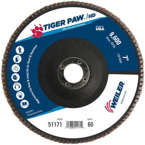 7″ Tiger Paw Super High Density Flap Disc, Flat, Phenolic Backing, 60Z, 7/8″ Arbor Hole - Exact Tooling