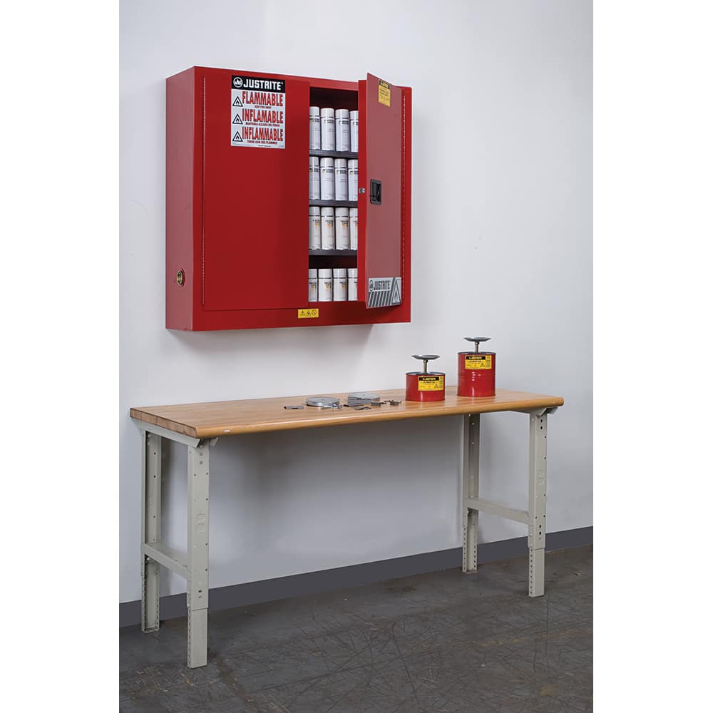 Justrite - 2 Door 3 Shelf 20 Gal Wall Mount Safety Cabinet for Flammable Substances - Exact Tooling