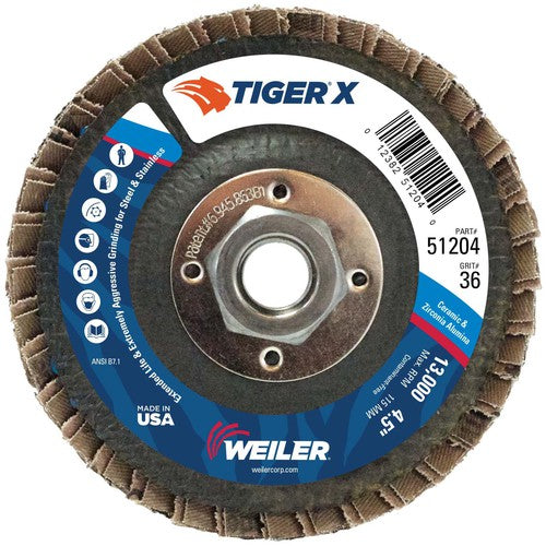 4 1/2″ Diameter - Tiger X Flap Disc, Angled, Phenolic Backing, 36Z, 5/8″ Diameter - 11 UNC Nut - Exact Tooling