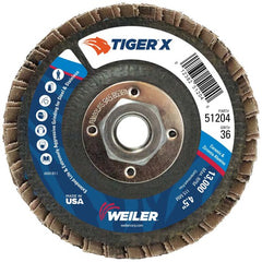 4 1/2″ Diameter - Tiger X Flap Disc, Angled, Phenolic Backing, 36Z, 5/8″ Diameter - 11 UNC Nut - Exact Tooling