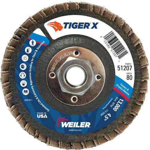 4 1/2″ Diameter - Tiger X Flap Disc, Angled, Phenolic Backing, 80Z, 5/8″ Diameter - 11 UNC Nut - Exact Tooling