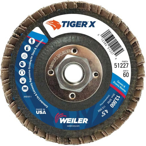 4 1/2″ Diameter - Tiger X Flap Disc, Flat, Phenolic Backing, 60Z, 5/8″-11 Diameter - Arbor Hole - Exact Tooling