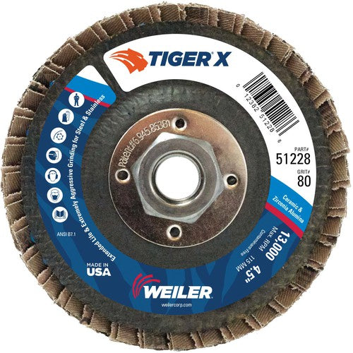 4 1/2″ Diameter - Tiger X Flap Disc, Flat, Phenolic Backing, 80Z, 5/8″-11 Diameter - Arbor Hole - Exact Tooling