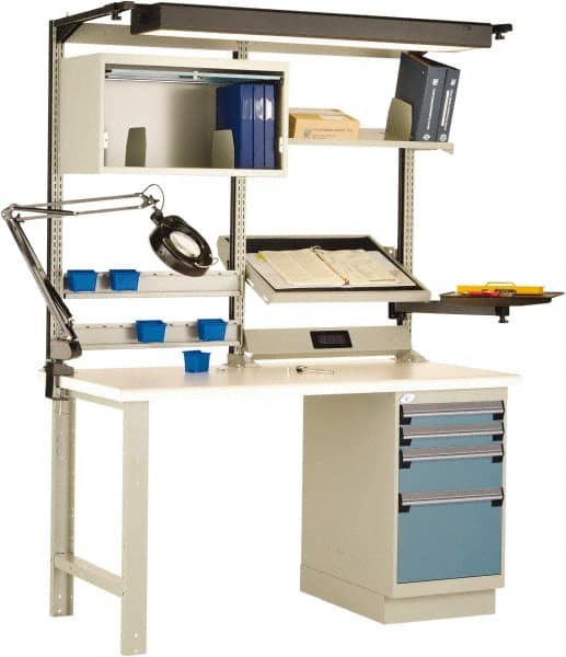 Rousseau Metal - 4 Drawer, 2 Shelf Workstation - 775 Lb Capacity, Dissipative Top, Everest Blue, 60" Wide x 80" High x 30" Long - Exact Tooling
