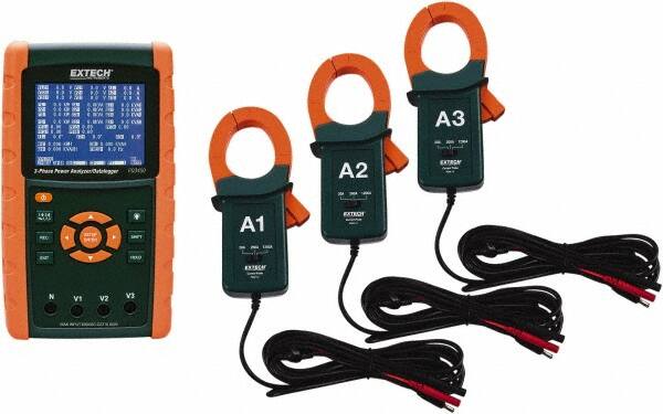 Extech - 3 Phase, 600 VAC, 0.01 to 1,200 Amp Capability, 45 to 65 Hz Calibration, LCD Display Power Meter - 0.5 Current Accuracy, 0.5 Voltage Accuracy - Exact Tooling