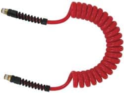 PRO-SOURCE - 5/16" ID, 1/4 Thread, 25' Long, Red Polyurethane Coiled & Self Storing Hose - 185 Max psi, Male Swivel x Male Swivel - Exact Tooling