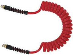 PRO-SOURCE - 5/16" ID, 1/4 Thread, 25' Long, Red Polyurethane Coiled & Self Storing Hose - 185 Max psi, Male Swivel x Male Swivel - Exact Tooling