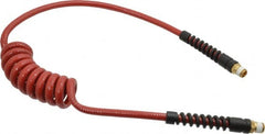 PRO-SOURCE - 1/4" ID, 1/4 Thread, 5' Long, Red Polyurethane Coiled & Self Storing Hose - 220 Max psi, Male Swivel x Male Swivel - Exact Tooling