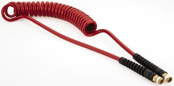 PRO-SOURCE - 1/4" ID, 1/4 Thread, 10' Long, Red Polyurethane Coiled & Self Storing Hose - 220 Max psi, Male Swivel x Male Swivel - Exact Tooling