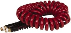 PRO-SOURCE - 1/4" ID, 1/4 Thread, 15' Long, Red Polyurethane Coiled & Self Storing Hose - 220 Max psi, Male Swivel x Male Swivel - Exact Tooling