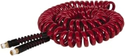 PRO-SOURCE - 1/4" ID, 1/4 Thread, 25' Long, Red Polyurethane Coiled & Self Storing Hose - 220 Max psi, Male Swivel x Male Swivel - Exact Tooling