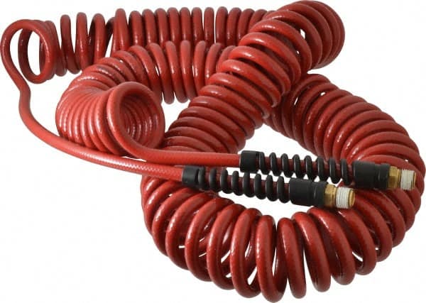 PRO-SOURCE - 1/4" ID, 1/4 Thread, 50' Long, Red Polyurethane Coiled & Self Storing Hose - 220 Max psi, Male Swivel x Male Swivel - Exact Tooling