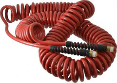 PRO-SOURCE - 1/4" ID, 1/4 Thread, 50' Long, Red Polyurethane Coiled & Self Storing Hose - 220 Max psi, Male Swivel x Male Swivel - Exact Tooling