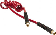 PRO-SOURCE - 5/16" ID, 3/8 Thread, 5' Long, Red Polyurethane Coiled & Self Storing Hose - 185 Max psi, Male Swivel x Male Swivel - Exact Tooling