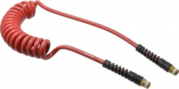 PRO-SOURCE - 5/16" ID, 3/8 Thread, 10' Long, Red Polyurethane Coiled & Self Storing Hose - 185 Max psi, Male Swivel x Male Swivel - Exact Tooling