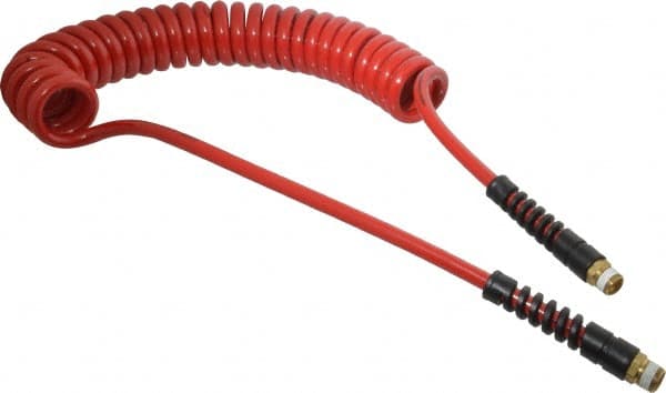 PRO-SOURCE - 5/16" ID, 3/8 Thread, 15' Long, Red Polyurethane Coiled & Self Storing Hose - 185 Max psi, Male Swivel x Male Swivel - Exact Tooling