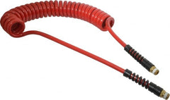 PRO-SOURCE - 5/16" ID, 3/8 Thread, 15' Long, Red Polyurethane Coiled & Self Storing Hose - 185 Max psi, Male Swivel x Male Swivel - Exact Tooling
