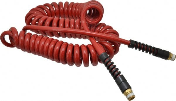 PRO-SOURCE - 5/16" ID, 3/8 Thread, 25' Long, Red Polyurethane Coiled & Self Storing Hose - 185 Max psi, Male Swivel x Male Swivel - Exact Tooling
