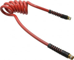 PRO-SOURCE - 3/8" ID, 3/8 Thread, 5' Long, Red Polyurethane Coiled & Self Storing Hose - 200 Max psi, Male Swivel x Male Swivel - Exact Tooling