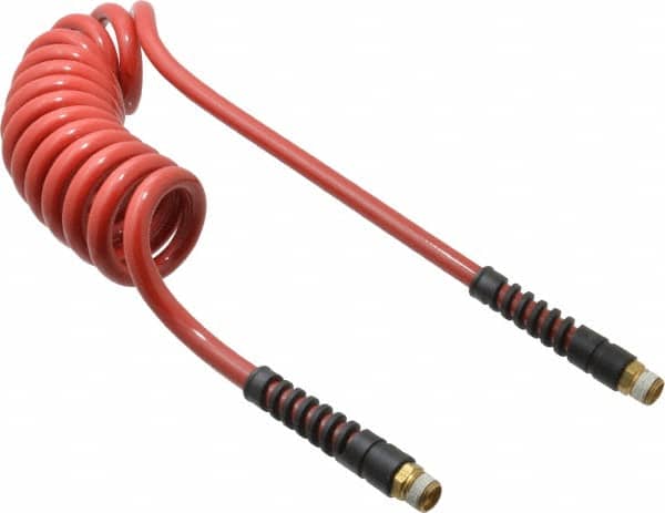 PRO-SOURCE - 3/8" ID, 3/8 Thread, 10' Long, Red Polyurethane Coiled & Self Storing Hose - 200 Max psi, Male Swivel x Male Swivel - Exact Tooling