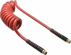 PRO-SOURCE - 3/8" ID, 3/8 Thread, 10' Long, Red Polyurethane Coiled & Self Storing Hose - 200 Max psi, Male Swivel x Male Swivel - Exact Tooling