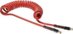 PRO-SOURCE - 3/8" ID, 3/8 Thread, 15' Long, Red Polyurethane Coiled & Self Storing Hose - 200 Max psi, Male Swivel x Male Swivel - Exact Tooling
