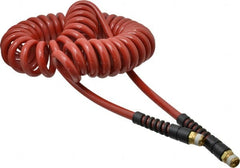 PRO-SOURCE - 3/8" ID, 3/8 Thread, 25' Long, Red Polyurethane Coiled & Self Storing Hose - 200 Max psi, Male Swivel x Male Swivel - Exact Tooling