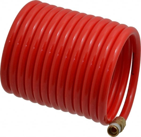PRO-SOURCE - 1/4" ID, 1/4 Thread, 12' Long, Red Nylon Coiled & Self Storing Hose - 350 Max psi, Male Swivel x Male Swivel - Exact Tooling