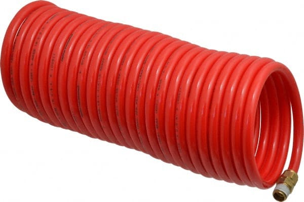 PRO-SOURCE - 1/4" ID, 1/4 Thread, 25' Long, Red Nylon Coiled & Self Storing Hose - 350 Max psi, Male Swivel x Male Swivel - Exact Tooling