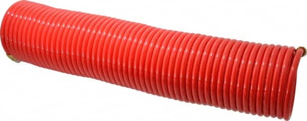 PRO-SOURCE - 1/4" ID, 1/4 Thread, 50' Long, Red Nylon Coiled & Self Storing Hose - 350 Max psi, Male Swivel x Male Swivel - Exact Tooling