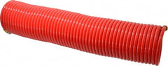 PRO-SOURCE - 1/4" ID, 1/4 Thread, 50' Long, Red Nylon Coiled & Self Storing Hose - 350 Max psi, Male Swivel x Male Swivel - Exact Tooling