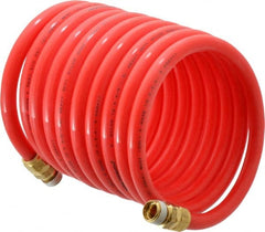 PRO-SOURCE - 3/8" ID, 3/8 Thread, 12' Long, Red Nylon Coiled & Self Storing Hose - 310 Max psi, Male Swivel x Male Swivel - Exact Tooling