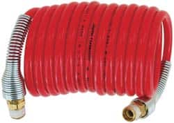 PRO-SOURCE - 3/8" ID, 3/8 Thread, 50' Long, Red Nylon Coiled & Self Storing Hose - 225 Max psi, Industrial Interchange Coupler x Plug - Exact Tooling
