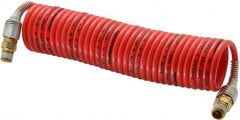 PRO-SOURCE - 1/8" ID, 1/8 Thread, 12' Long, Red Nylon Coiled & Self Storing Hose - 386 Max psi, Male Swivel x Male Swivel - Exact Tooling