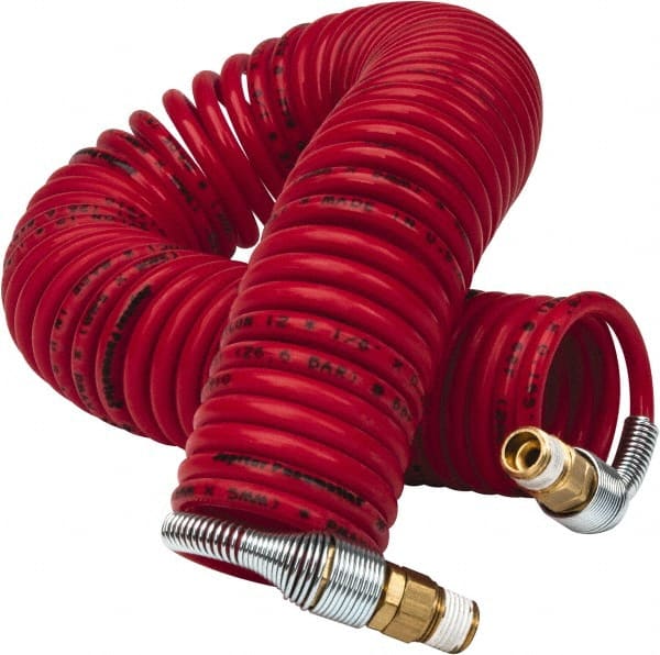 PRO-SOURCE - 1/8" ID, 1/8 Thread, 25' Long, Red Nylon Coiled & Self Storing Hose - 386 Max psi, Male Swivel x Male Swivel - Exact Tooling