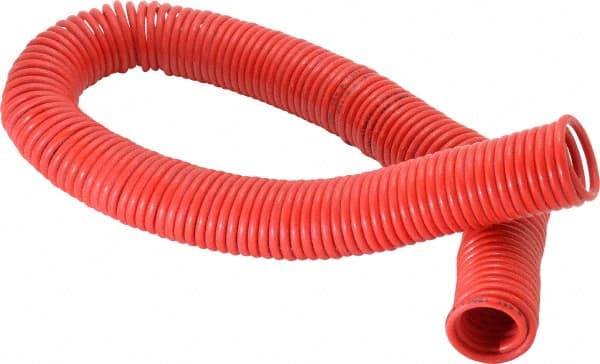 PRO-SOURCE - 1/8" ID, 1/8 Thread, 50' Long, Red Nylon Coiled & Self Storing Hose - 386 Max psi, No Fittings - Exact Tooling