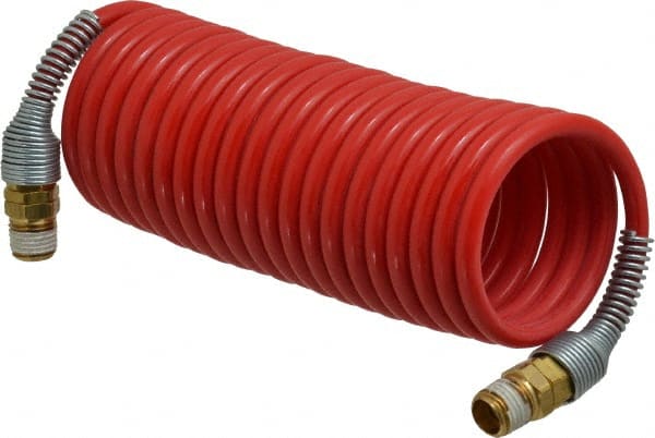 PRO-SOURCE - 3/16" ID, 1/4 Thread, 12' Long, Red Nylon Coiled & Self Storing Hose - 287 Max psi, Male Swivel x Male Swivel - Exact Tooling