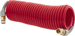 PRO-SOURCE - 3/16" ID, 1/4 Thread, 17' Long, Red Nylon Coiled & Self Storing Hose - 287 Max psi, Male Swivel x Male Swivel - Exact Tooling
