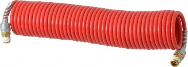 PRO-SOURCE - 3/16" ID, 1/4 Thread, 25' Long, Red Nylon Coiled & Self Storing Hose - 287 Max psi, Male Swivel x Male Swivel - Exact Tooling