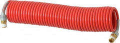 PRO-SOURCE - 3/16" ID, 1/4 Thread, 25' Long, Red Nylon Coiled & Self Storing Hose - 287 Max psi, Male Swivel x Male Swivel - Exact Tooling