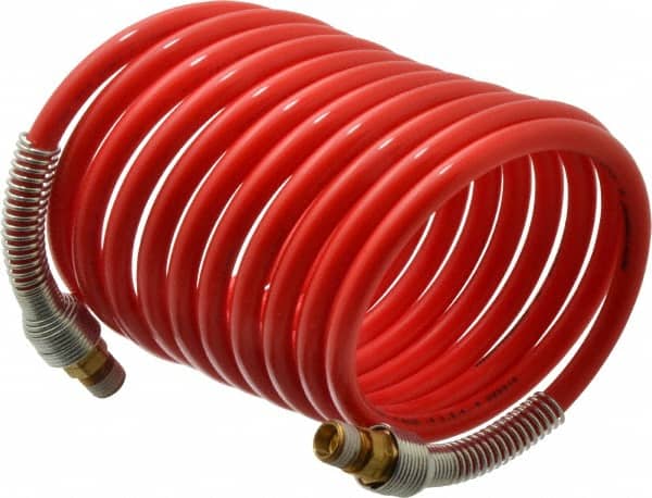 PRO-SOURCE - 5/16" ID, 1/4 Thread, 12' Long, Red Nylon Coiled & Self Storing Hose - 213 Max psi, Male Swivel x Male Swivel - Exact Tooling