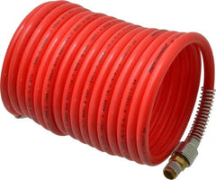 PRO-SOURCE - 5/16" ID, 1/4 Thread, 17' Long, Red Nylon Coiled & Self Storing Hose - 213 Max psi, Male Swivel x Male Swivel - Exact Tooling
