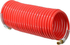 PRO-SOURCE - 5/16" ID, 1/4 Thread, 25' Long, Red Nylon Coiled & Self Storing Hose - 213 Max psi, Male Swivel x Male Swivel - Exact Tooling