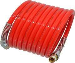 PRO-SOURCE - 3/8" ID, 3/8 Thread, 12' Long, Red Nylon Coiled & Self Storing Hose - 225 Max psi, Male Swivel x Male Swivel - Exact Tooling