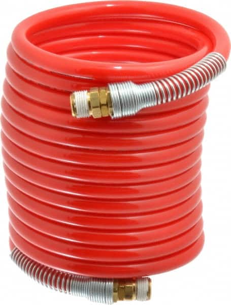 PRO-SOURCE - 3/8" ID, 3/8 Thread, 17' Long, Red Nylon Coiled & Self Storing Hose - 225 Max psi, Male Swivel x Male Swivel - Exact Tooling
