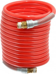 PRO-SOURCE - 3/8" ID, 3/8 Thread, 17' Long, Red Nylon Coiled & Self Storing Hose - 225 Max psi, Male Swivel x Male Swivel - Exact Tooling